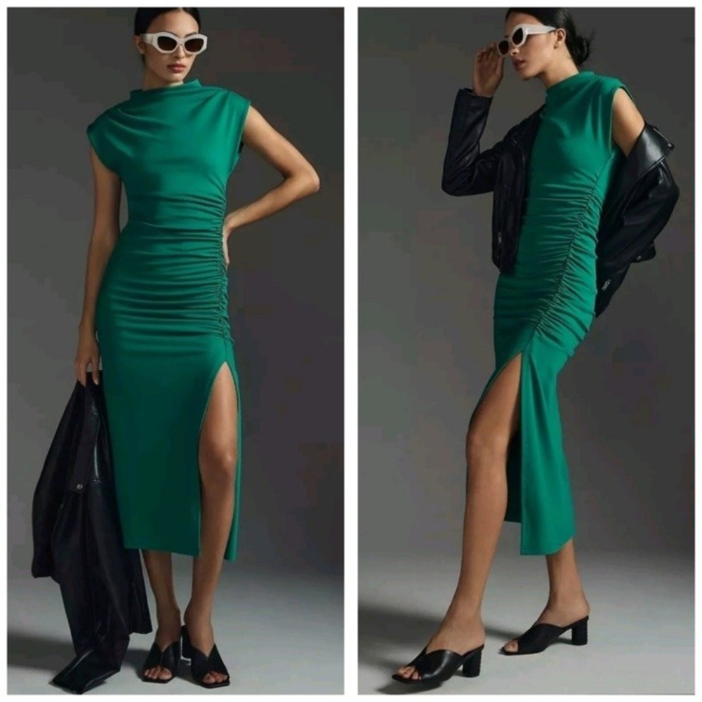 Anthropologie The Maya Size XL Petite Ruched Cowl Neck Midi Dress Green NEW NWT